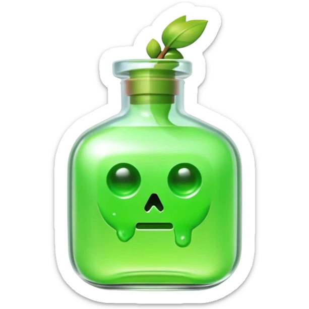 Clash of Clans aesthetic: Cinematic Playful Pixel 3D green health Potion Emoji, rendered in a 3D vector-style similar to standard emojis with minimal shading and bold, simplified shapes. A compact, distinct form with signature details, softly glowing with a pixelated adventure charm. Simplified yet unmistakably iconic, highly detailed and consistent, glowing with a soft radiance and high shine. Stylized with a touch of classic pixel-art charm and a soft glowing outline, capturing the essence of a beloved gaming relic with a friendly, playful manner! sticker