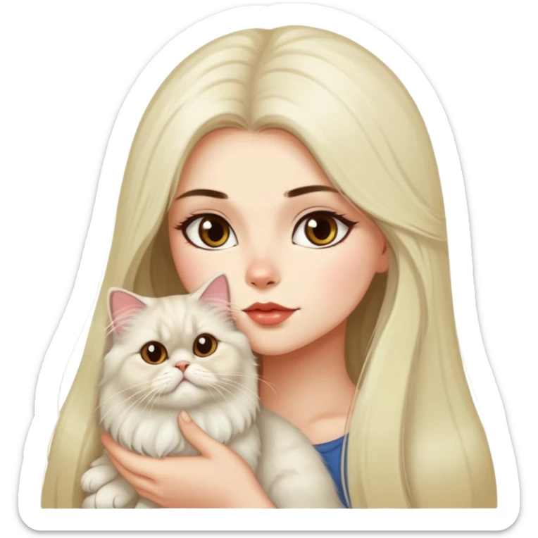 A pretty girl with long dark hair is kissing her light hair persian cat. sticker
