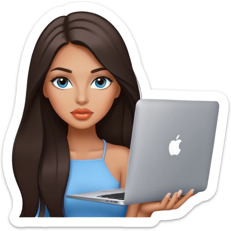 Glamours tanned very beautiful girl with pump peach lips and dark chocolate straight smooth long hair, blue-grey eyes with MacBook sticker