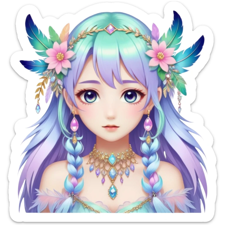 Beautiful gorgeous anime lady with beautiful iridescent-special-hair, fashion aesthetic, ethereal, fairycore, pastelcore, feather, flower, crystals, accessories, jewelries, gold, colorful sticker