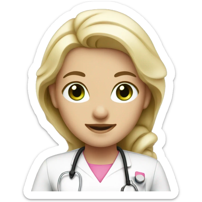 White blonde nurse with green eyes and tan skin wearing pink sticker