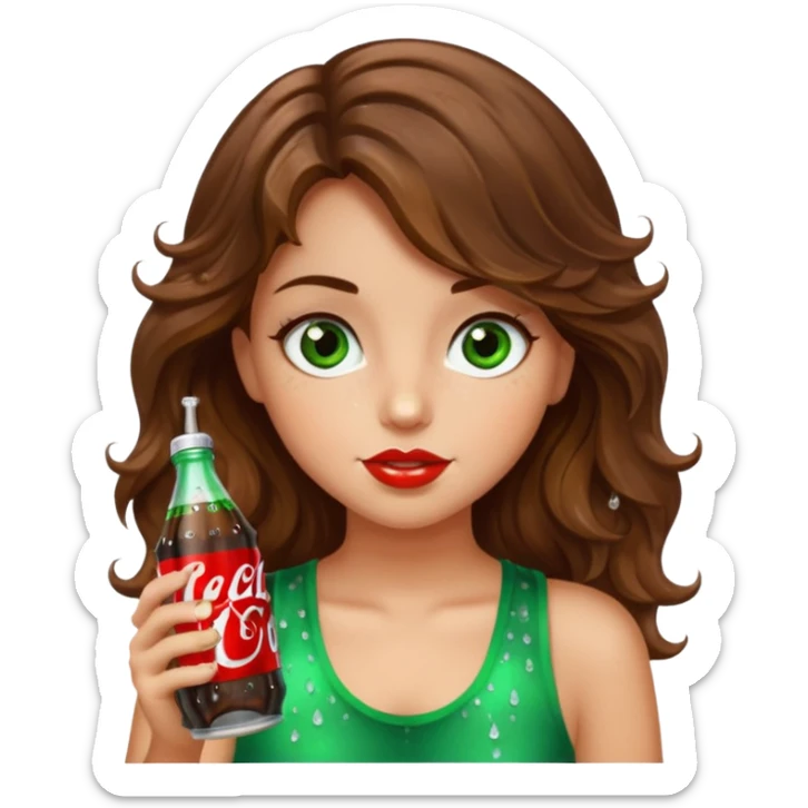 Girl with brown wavy hair green-brown eyes drinking a bedazzled Diet Coke  sticker