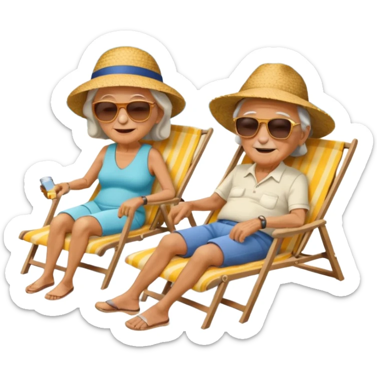 an emoji that shows elderly one woman and one man, both are retired and are lying in sun-chairs at the beach to recover from retiring-stress sticker