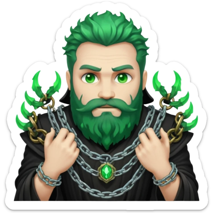 hades greek god with green flames and beard with chains on his arms and neck sticker
