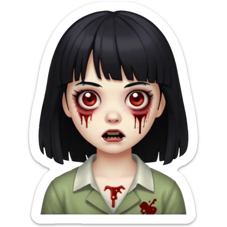 garota zumbi com franja, cabelo preto, expressão fofa, detalhes de zumbi, estilo emoji de iPhone sticker