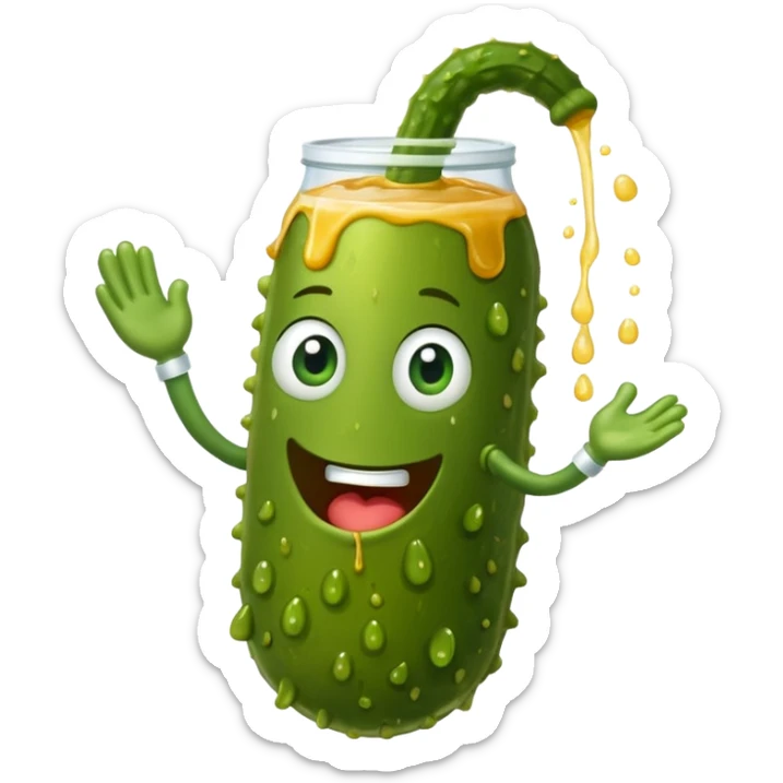 a cartoon pickle with juice squirting from the top of it, being squeezed by a hand sticker