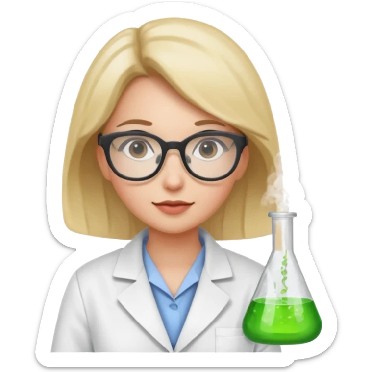 Portrait of a young female scientist wearing a white lab coat, glasses sticker