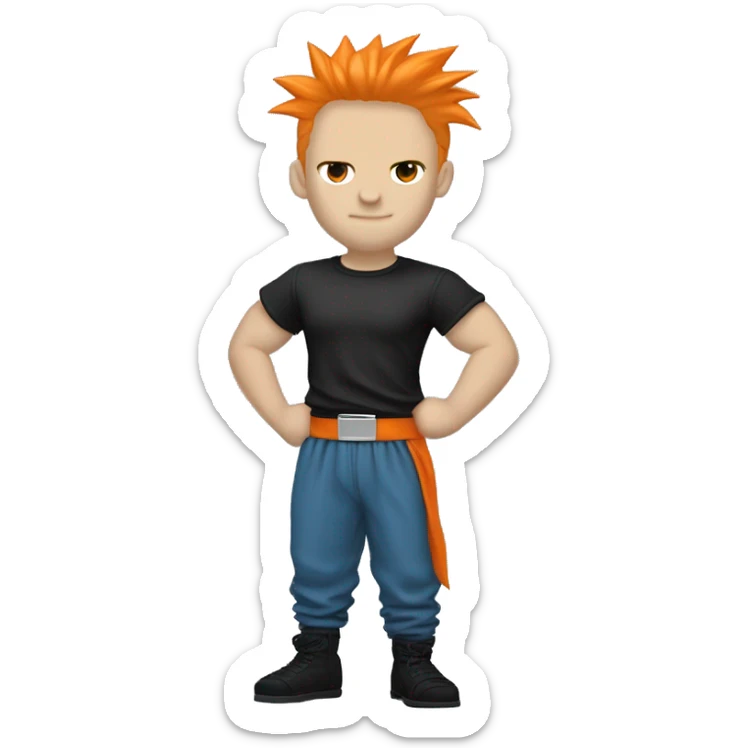 Silver spiked hair
Very white skin
Black eyes
Orange gi T-shirt and pants over blue short-sleeved T-shirt
Black shoes
Black wrist bands on both wrists
Black belt sticker