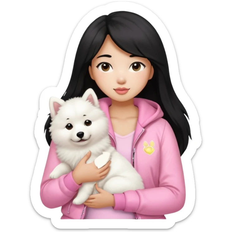 A black long hair asian pretty girl with a bright skintone using a baby pink juicy couture jacket with white tanktop holding a samoyed dog sticker