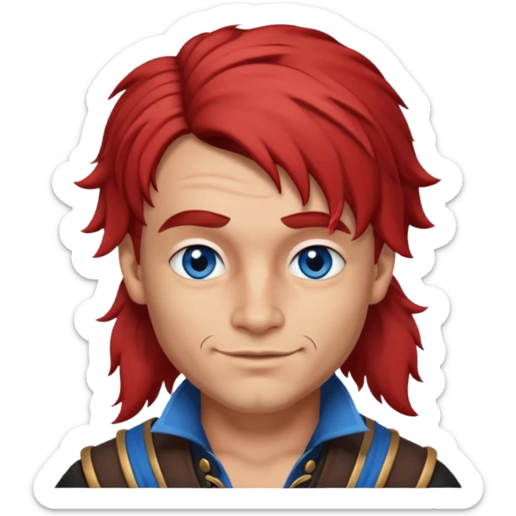 flirting french pirate with a chin dimple blue eyes and hair that fades from red to brown and a wolfcut hairstyle sticker