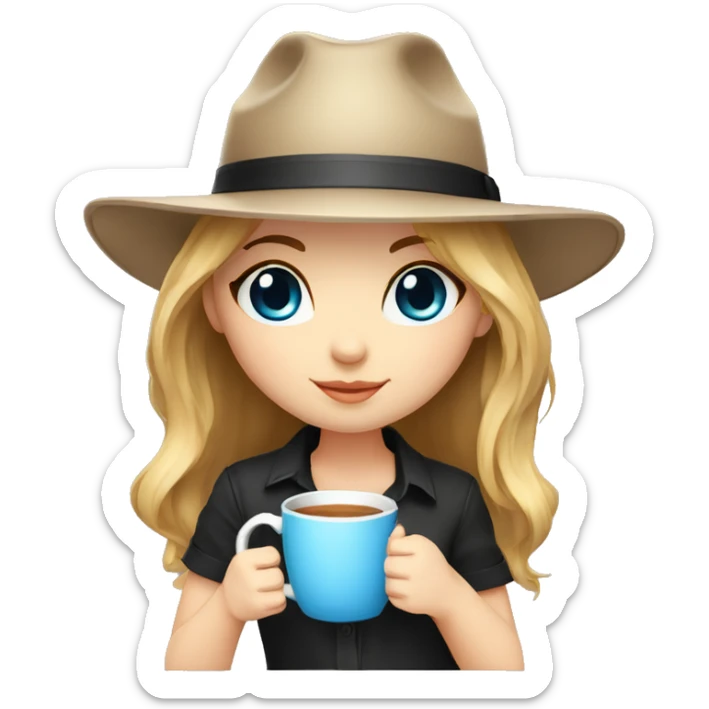 A girl with brown hair and blond bangs with blue eyes in a black panama hat holds a mug.chibi style sticker