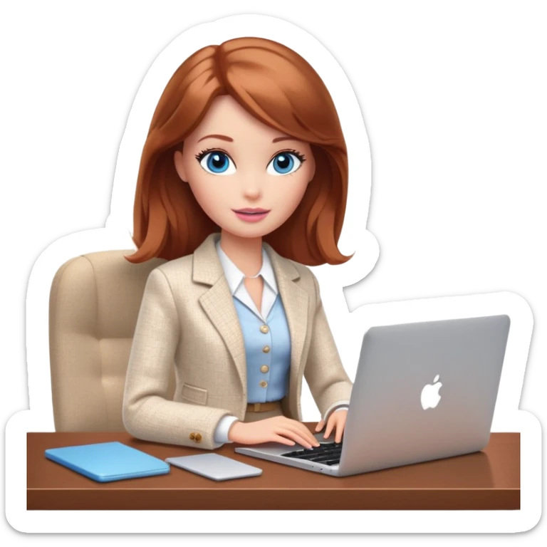 A Barbie girl with blue eyes, shoulder-length reddish-brown hair, made-up, wearing a white tweed jacket and beige skirt, is sitting at a with a MacBook sticker