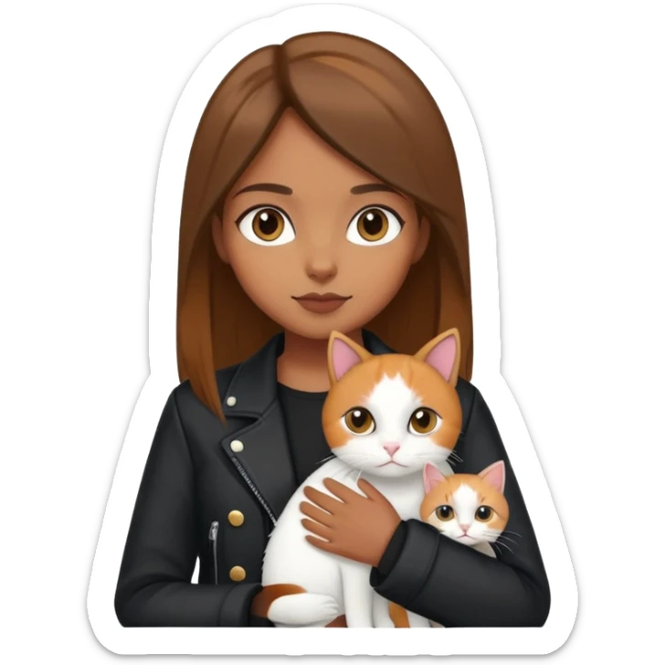 Brown straight-haired girl wearing black jacket with white cat and calico cat sticker
