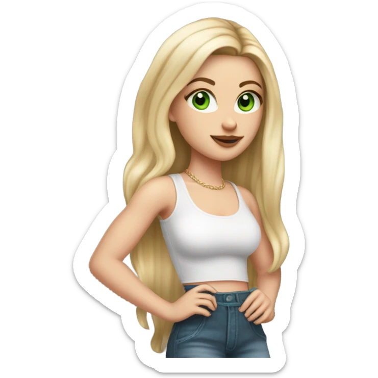 Realistic White girl with Long straight blonde hair, green eyes, tattoos, full body wearing white crop top, holding pink iphone sticker