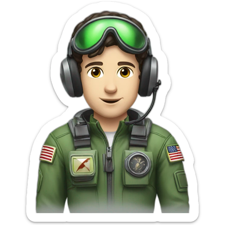 A young white man with dark brown hair and brown eyes in a pilot suit and wearing a green Pilot headset sticker