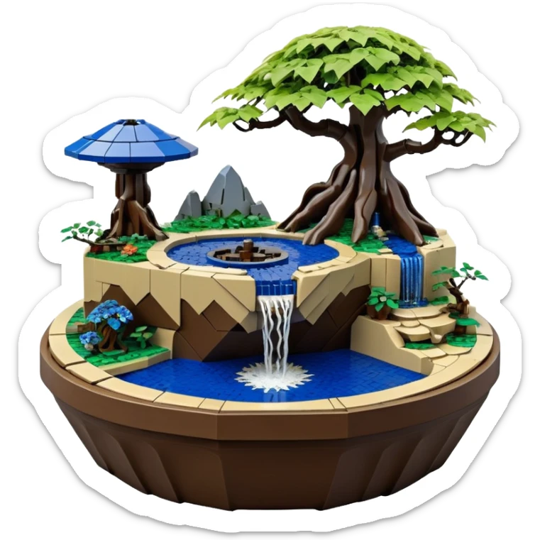 Alien saucer jungle-vines Lego fountain mountain-island landscape antique mudman very old broken cracked intricate Stone Age lapis-crusted irregular dodecagon-shaped shallow dark moss rough bark blue serissa flowered maple tree bonsai pot sticker