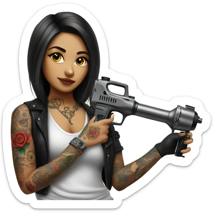 Tattoo artist with tattoo gun. The artist is Hispanic girl  sticker