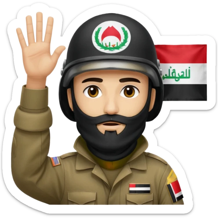 surrenders, depicts an Iraqi soldier from 1980, with a beard, in a helmet, a helmet with sign flag Iraq, with a balaclava, with sad eyes and both hands raised up sticker