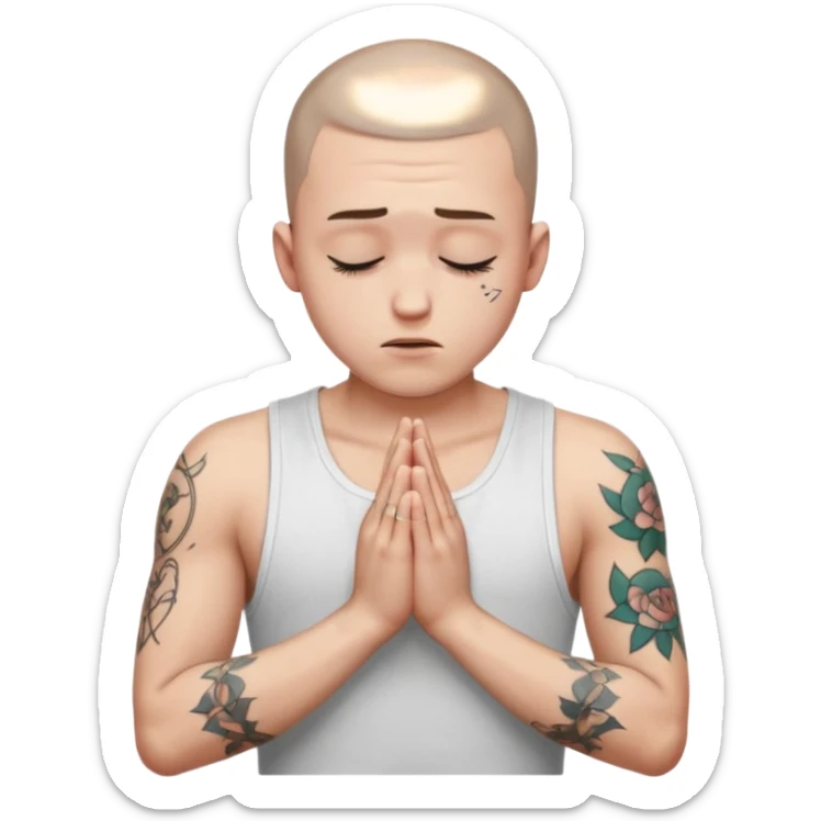 A 20 year old white man with a buzz cut and tattoos all over his arms and chest. Pleading face with hands praying wearing a white tanktop sticker