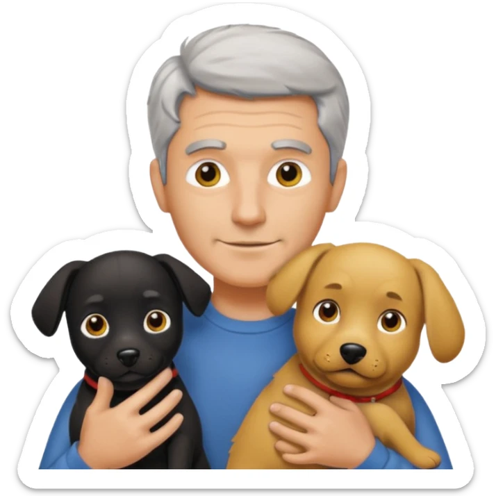 Italian man with no mustache and salt and pepper hair holding one black dog and one yellow dog sticker