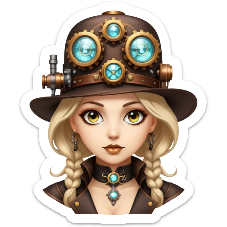 Beautiful Steampunk style woman with large glistening eyes, ultra realistic details sticker