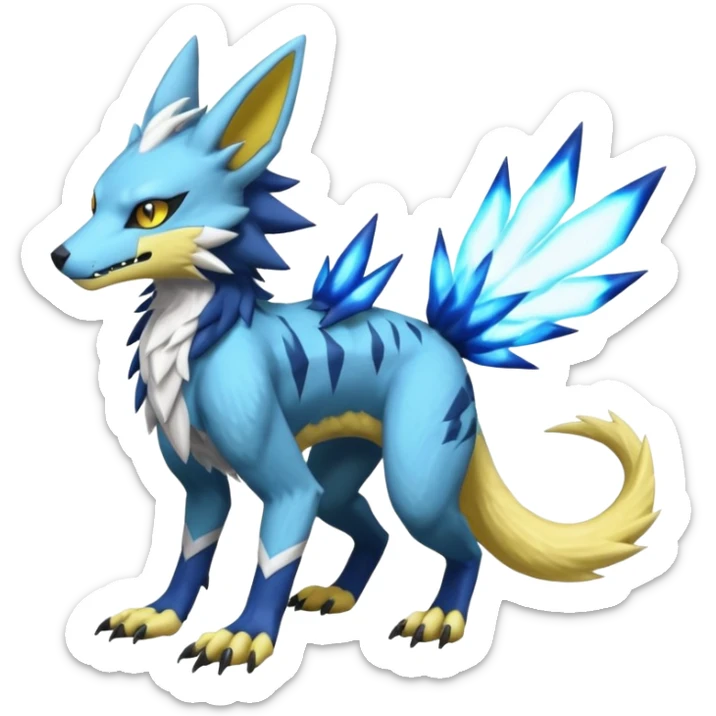 Sergal-Protogen-Trico-Renamon-Lombax-Zeraora-Vernid-fusion-hybrid-creature, drawn in a Pokémon/Digimon style sticker