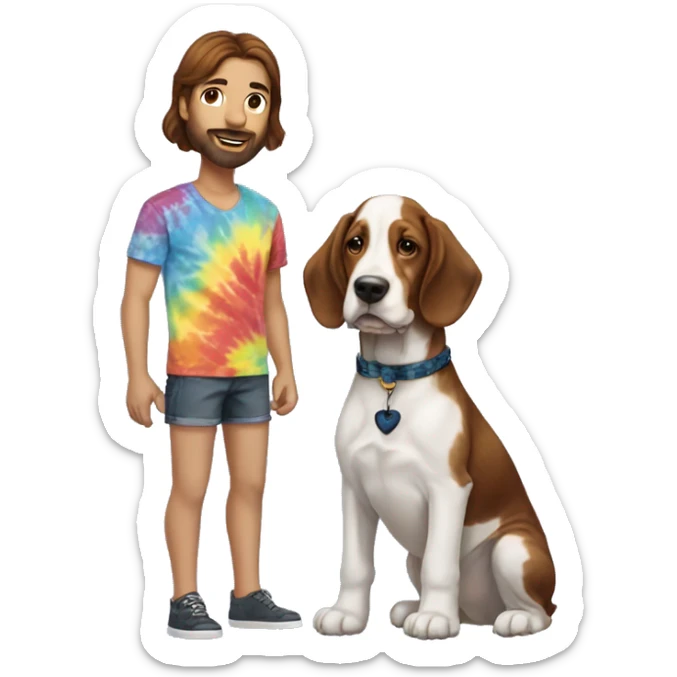 White male with dark brown hair and reddish brown beard wearing a tie-dyed shirt with a  Bassett hound female puppy  sticker