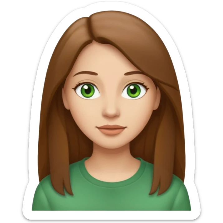 Adult woman avatar, light skin tone, oval face, straight long brown hair, green eyes, neutral mouth, casual  sticker