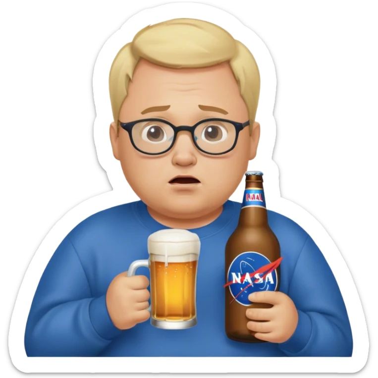  chubby weepy salesperson, beer bottle, complaining, blond short hair, 
receding hairline, blue nasa sweatshirt, with glasses, 40 years old sticker