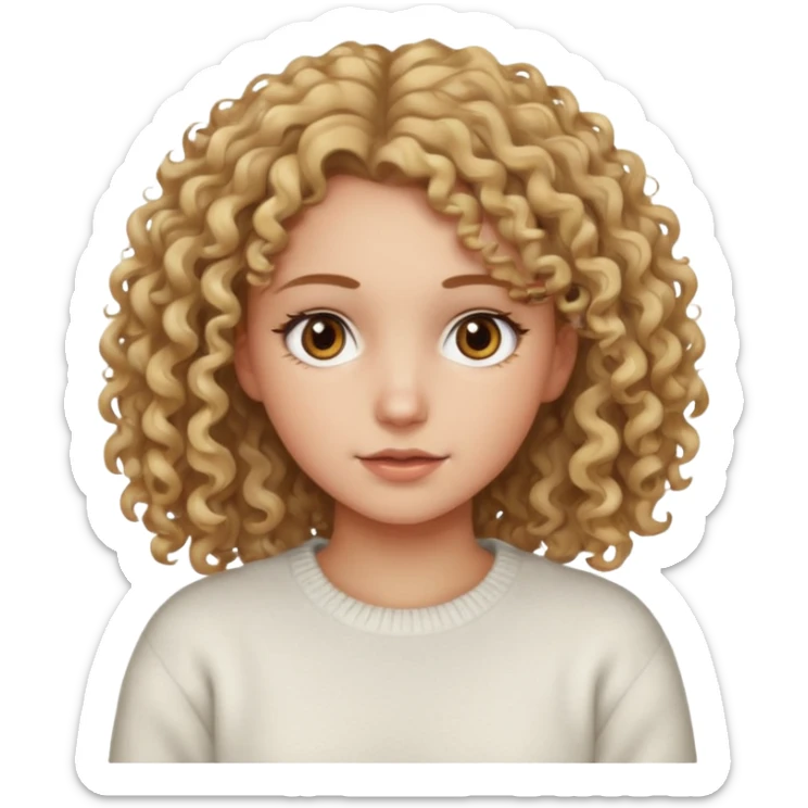 a dirty blonde girl with brown eyes and make her wearing a white sweater with curly hair and white skin color sticker