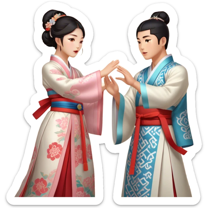Cinematic Realistic scene of two performers engaging in Ganggangsullae, dressed in traditional Korean costumes with intricate patterns and graceful movements, illuminated by soft, festive lighting that accentuates the cultural ambiance sticker