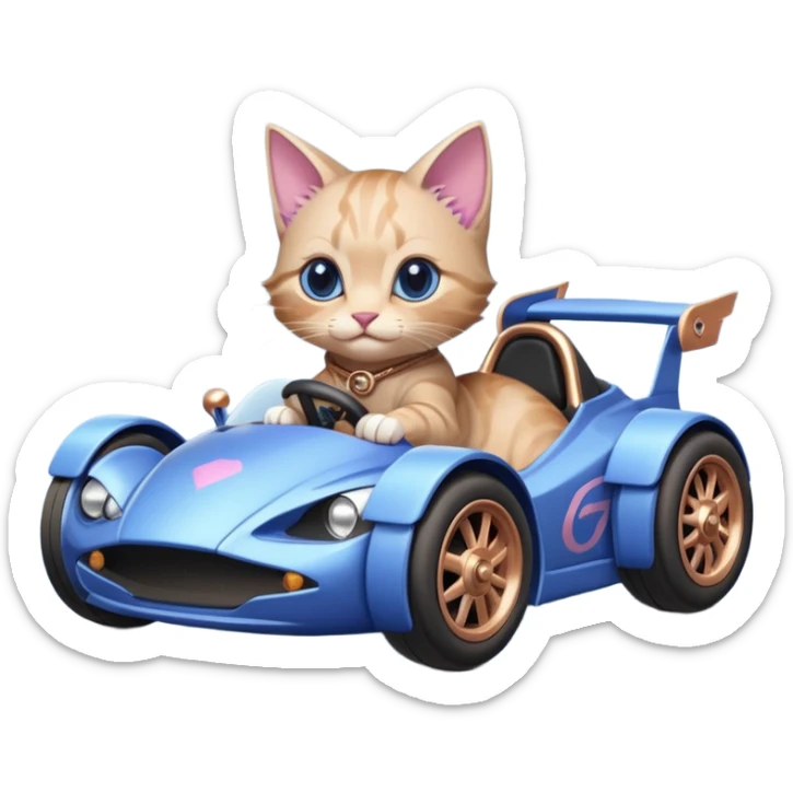 dark crystal blueberry and rosegold-accented cyber drift-racing car driven by a small cute relaxed kitten with rear spoiler, roll bar, and wheely bar sticker