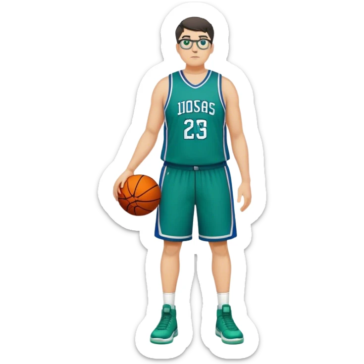 Full Body tall plus size white male with dark short hair basketball player wearing glasses wearing blue green uniform sticker