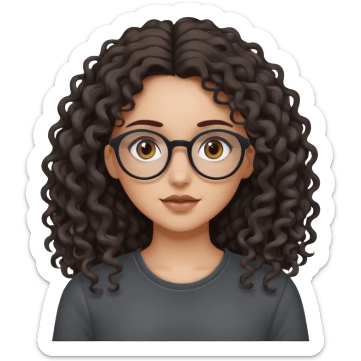 aesthetic white girl with dark brown, long curly hair, she wears a dark grey top and narrow round brown glasses and her eyes are black sticker