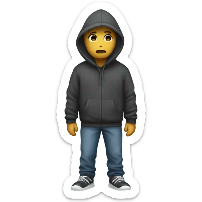 person with hoodie on looking sad and walking with hands in his hoodie sticker