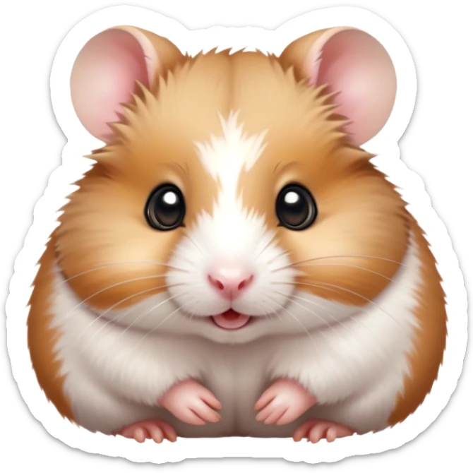 Cinematic Cute Brown and White Banded Hamster Portrait Emoji, Head tilted playfully and inquisitively, showcasing a fluffy fur with playful brown and white banded patterns, round, sparkling dark eyes filled with curiosity, Simplified yet irresistibly adorable features, highly detailed, glowing with a warm, friendly glow, high shine, affectionate and lively, stylized with a touch of whimsy, bright and endearing, soft glowing outline, capturing the essence of a mischievous yet loving hamster, so playful it feels like it could dash out of the screen and into your arms! sticker