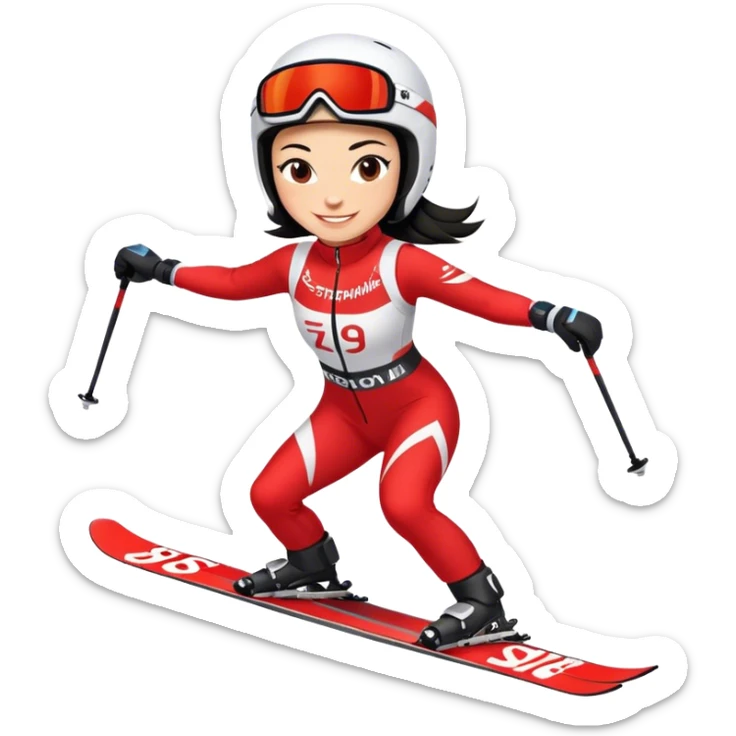 Ski racer downhill squat woman, red white dress, with the name Stephanie on the dress, Ski with the name Head, black hair, smile sticker