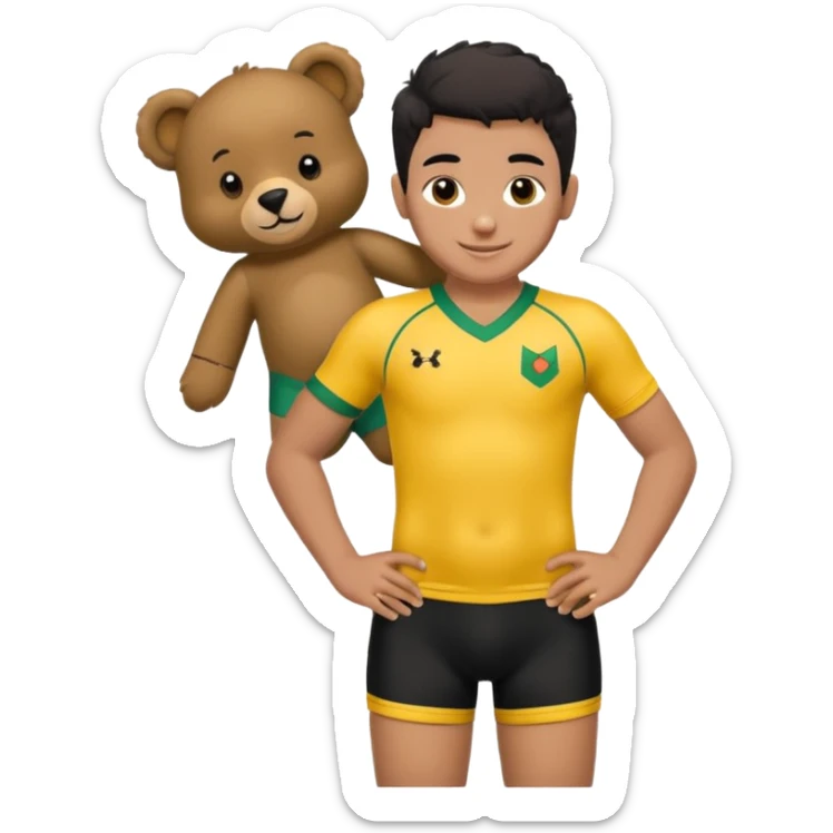 Une garçon qui a les cheveux noir qui sourit il a un maillot de l’algerie et qui a un doudou sur son epaule un ours jaune qui a des habille noir sticker