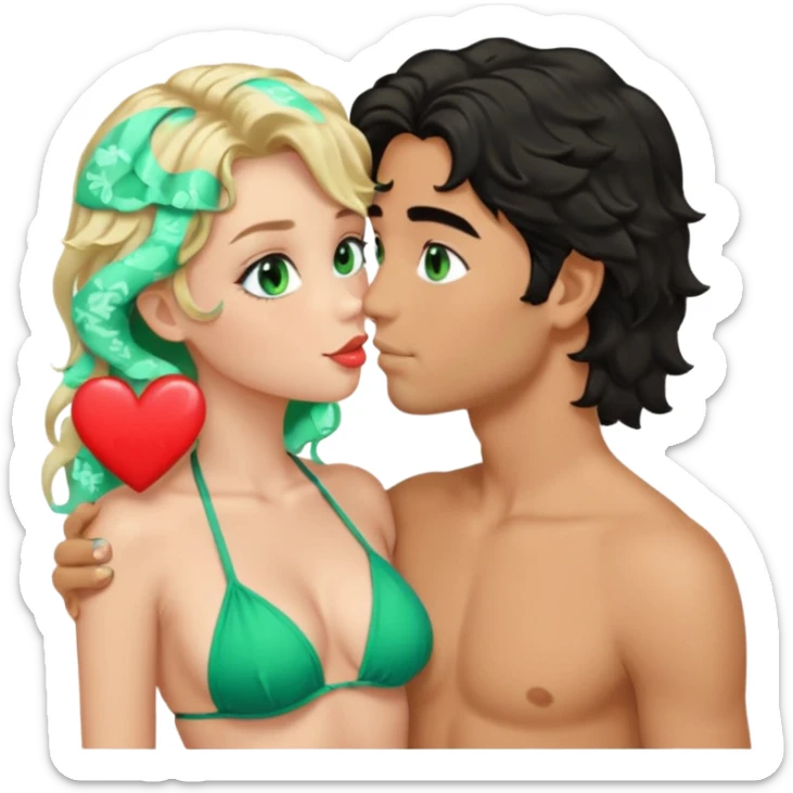 Blonde girl Green eyes wavy hair Green Bikini whole body Kissing man black Hair blue eyes Hearts in Body Background beach sticker