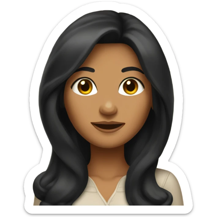 Tanned woman with long black hair wearing 1970s style outfit and hair sticker