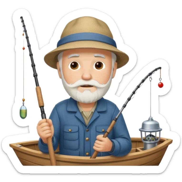 an old white haired, bearded man in fisherman attire, sat in a boat at sea, holding a fishing rod and catching fish with it. sticker