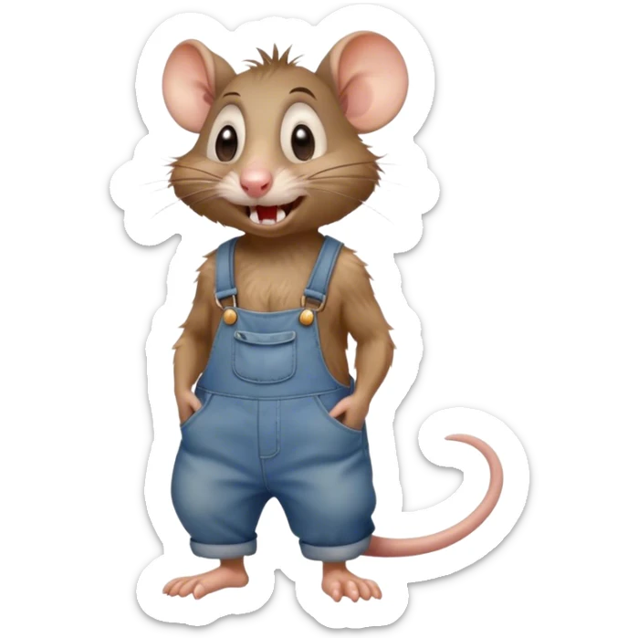 dizzy cartoon hillbilly rat wearing overalls no shirt. standing and talking full body. human eyes. teeth showing talking. walking ad talking sticker