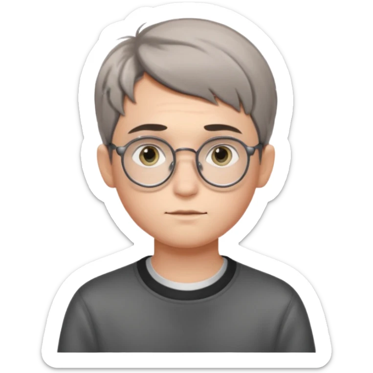 GREY HAUR teen boy with medium short middle parted hair, GREY eyes, round Glasses looking judging to the Side sticker