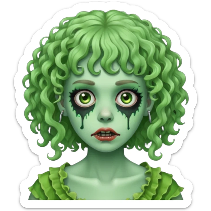 green zombie woman with curly hair, bangs, and a septum piercing. like iPhone emoji sticker