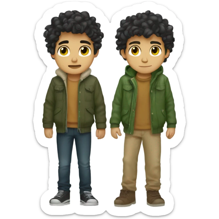 a boy with black messy hair knda siren eyes brown to honey eyes tan skin green winter jacket grumpy  sticker