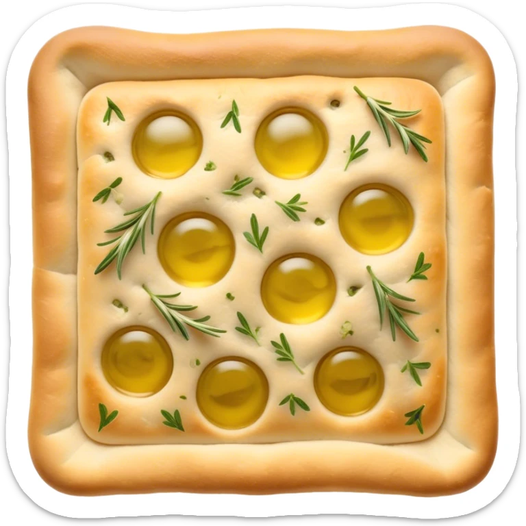Cinematic Realistic Focaccia Bread Dish Emoji, depicted as a golden, olive oil brushed flatbread sprinkled with herbs rendered with lifelike texture and soft, appetizing lighting. sticker
