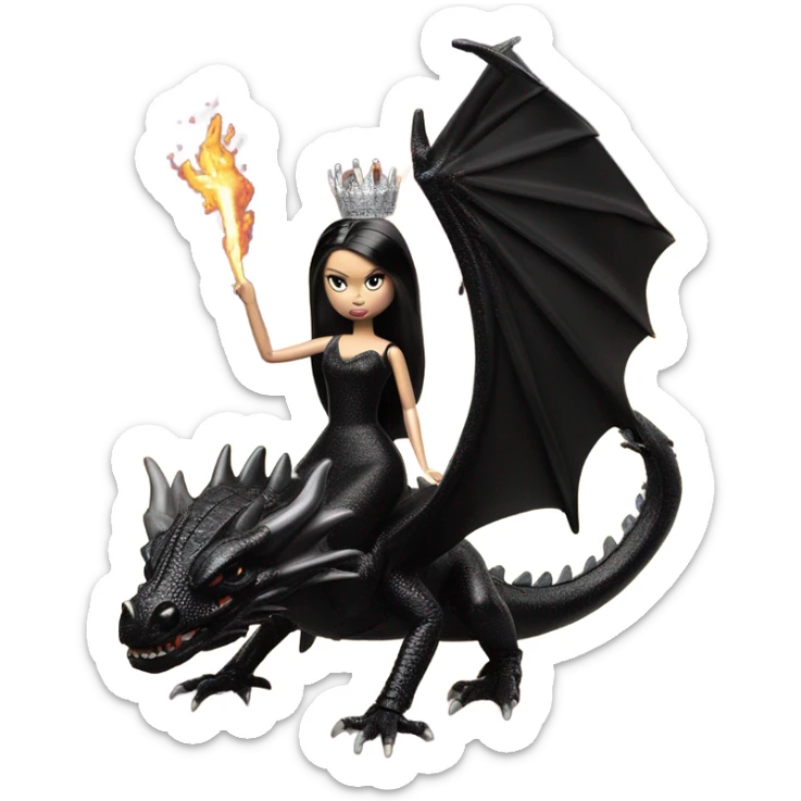 evening dressed, Wednesday Addams Barbie Jedi wearing a tiara, riding on the back of a very large black shiny evil-looking fire-spewing horned dragon sticker