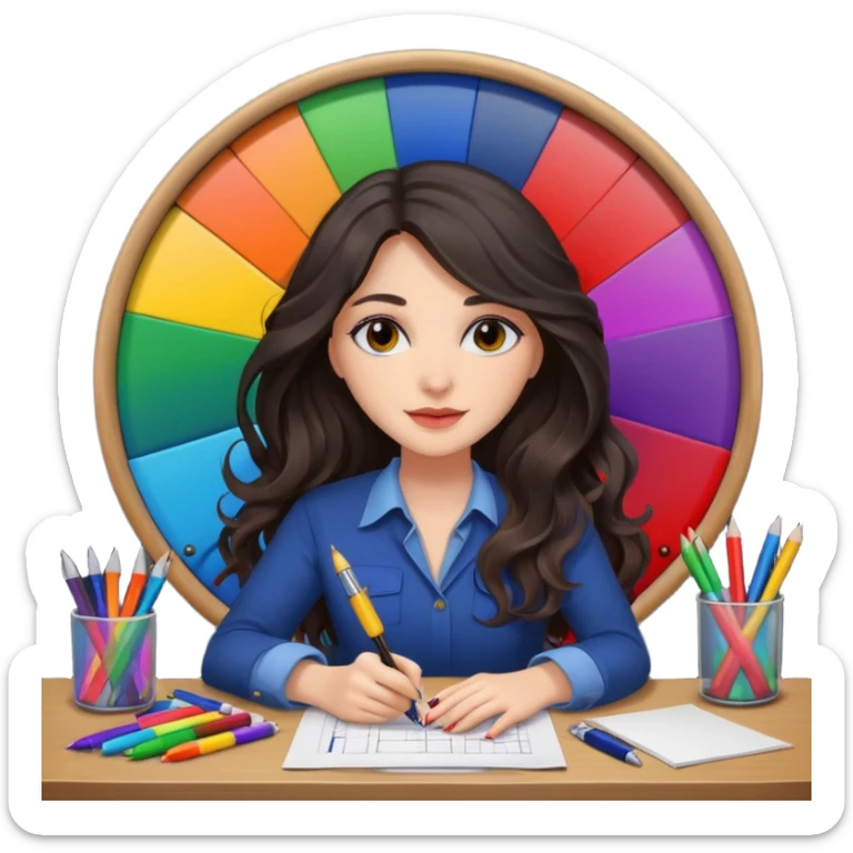 female dark wavy long hair graphic designer , big color wheel behind , pens, papers, desktop sticker