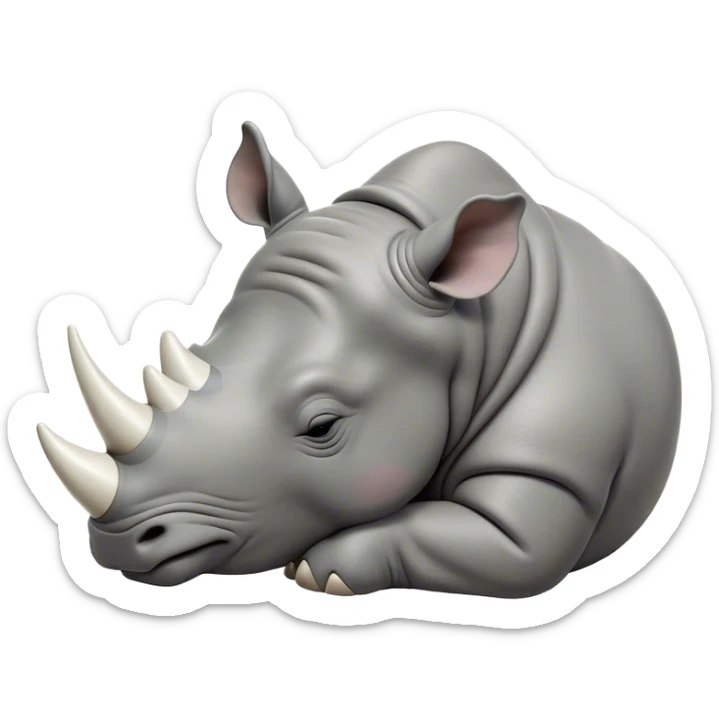 Meme-Worthy Cute Sleeping Rhinoceros Portrait Emoji, Head resting peacefully with a contented smile, showcasing a massive, robust build and a luxuriously soft slate-gray hide, accented by a gentle white horn, eyes shut in a serene, restful nap, Simplified yet hilariously adorable features, highly detailed, glowing with a soft, drowsy light, high shine, relaxed and utterly lovable, stylized with an air of playful laziness, bright and heartwarming, soft glowing outline, capturing the essence of a comically sleepy rhinoceros, so meme-worthy it feels like it could instantly become the next viral sensation of adorable slumber! sticker
