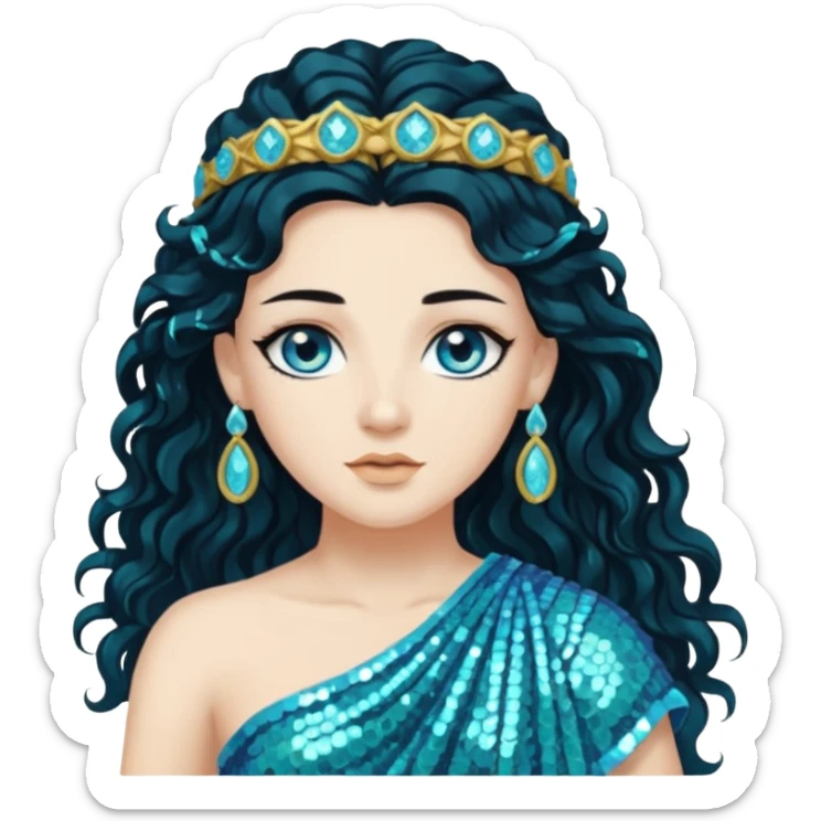 Salacia, Goddess of Seawater from Roman Deities with long jet black wavy hair, aquamarine sequin toga  sticker